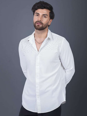 White Sequin Cotton Satin Slim Fit Shirt