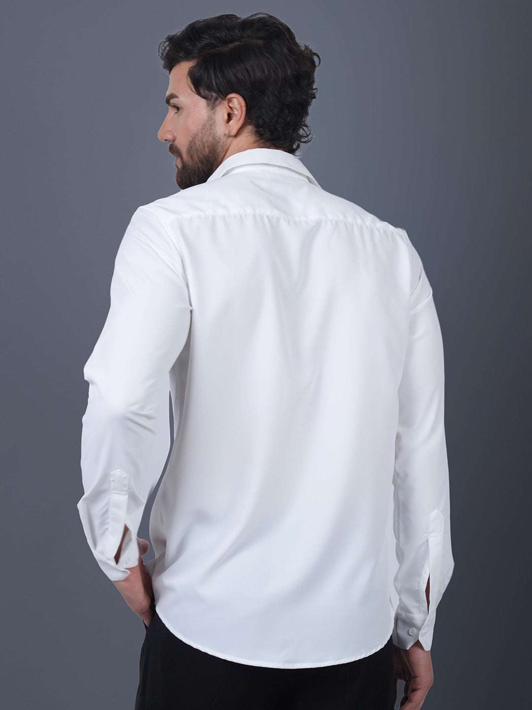 White Sequin Cotton Satin Slim Fit Shirt