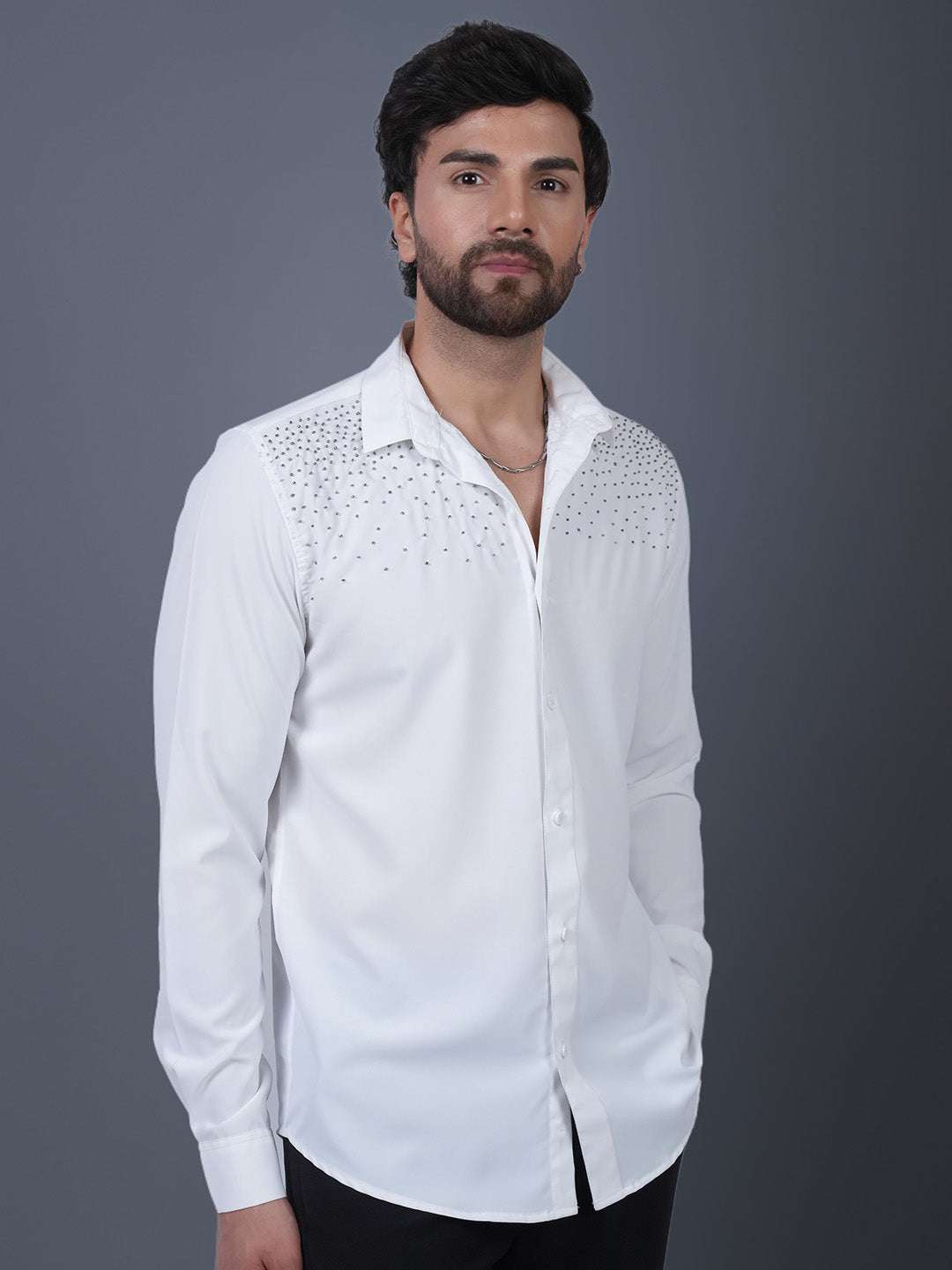 White Sequin Cotton Satin Slim Fit Shirt