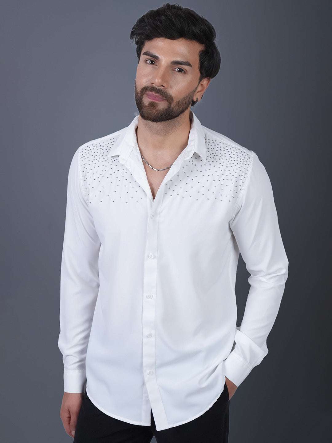 White Sequin Cotton Satin Slim Fit Shirt