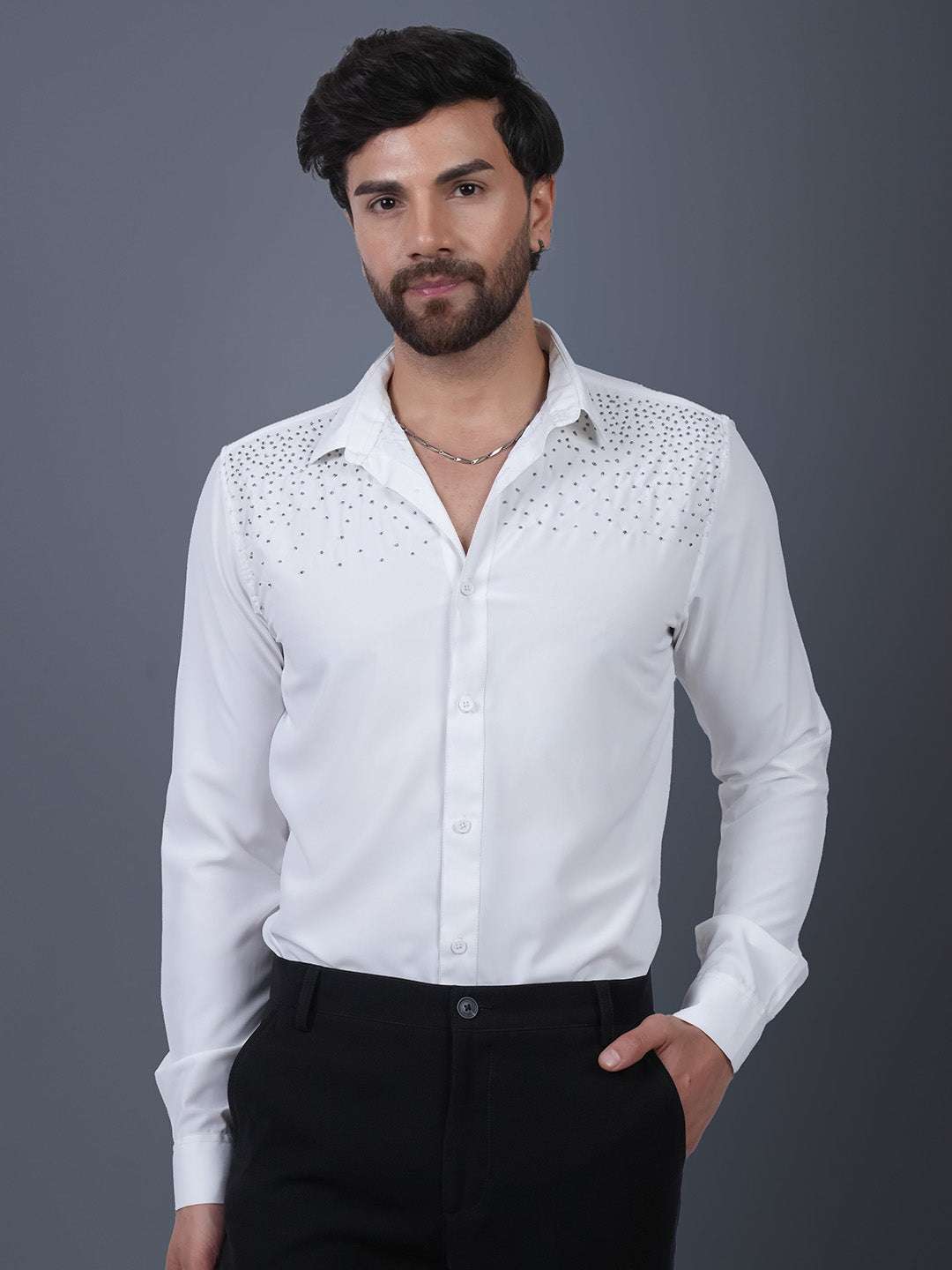 White Sequin Cotton Satin Slim Fit Shirt