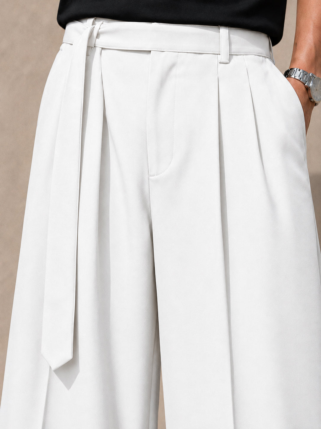 White Solid Wide Leg Fit Belted Korean Pant