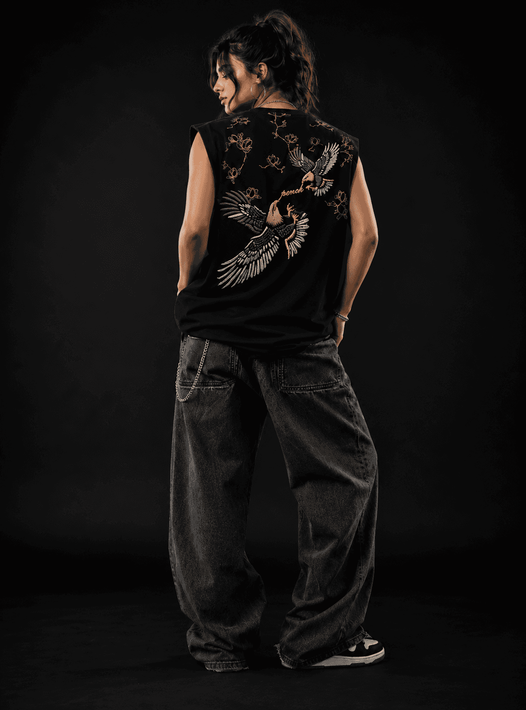 Black Eagle Print Oversized Tank Tshirt