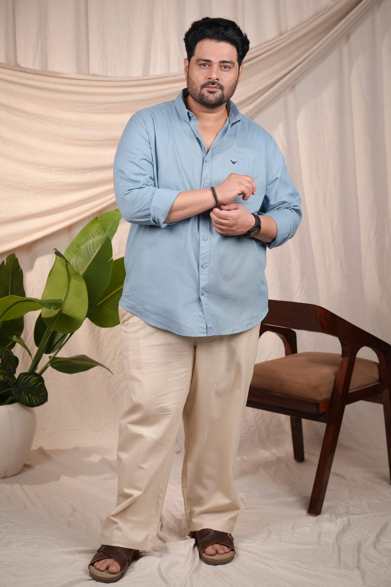 Aqua Blue Pre-Washed Linen Blend Regular Fit Plus Size Shirt