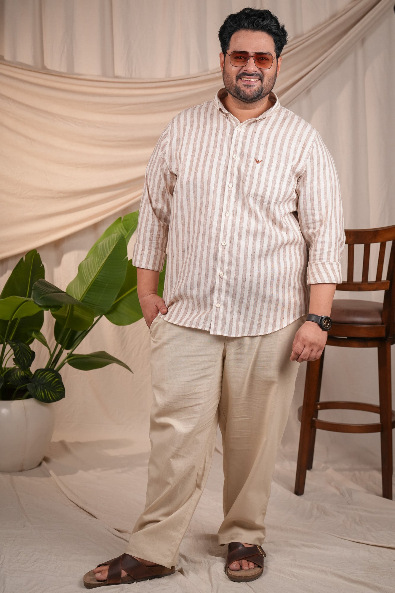 Rust Striped Regular Plus Size Pre-Washed Linen Cotton Shirt