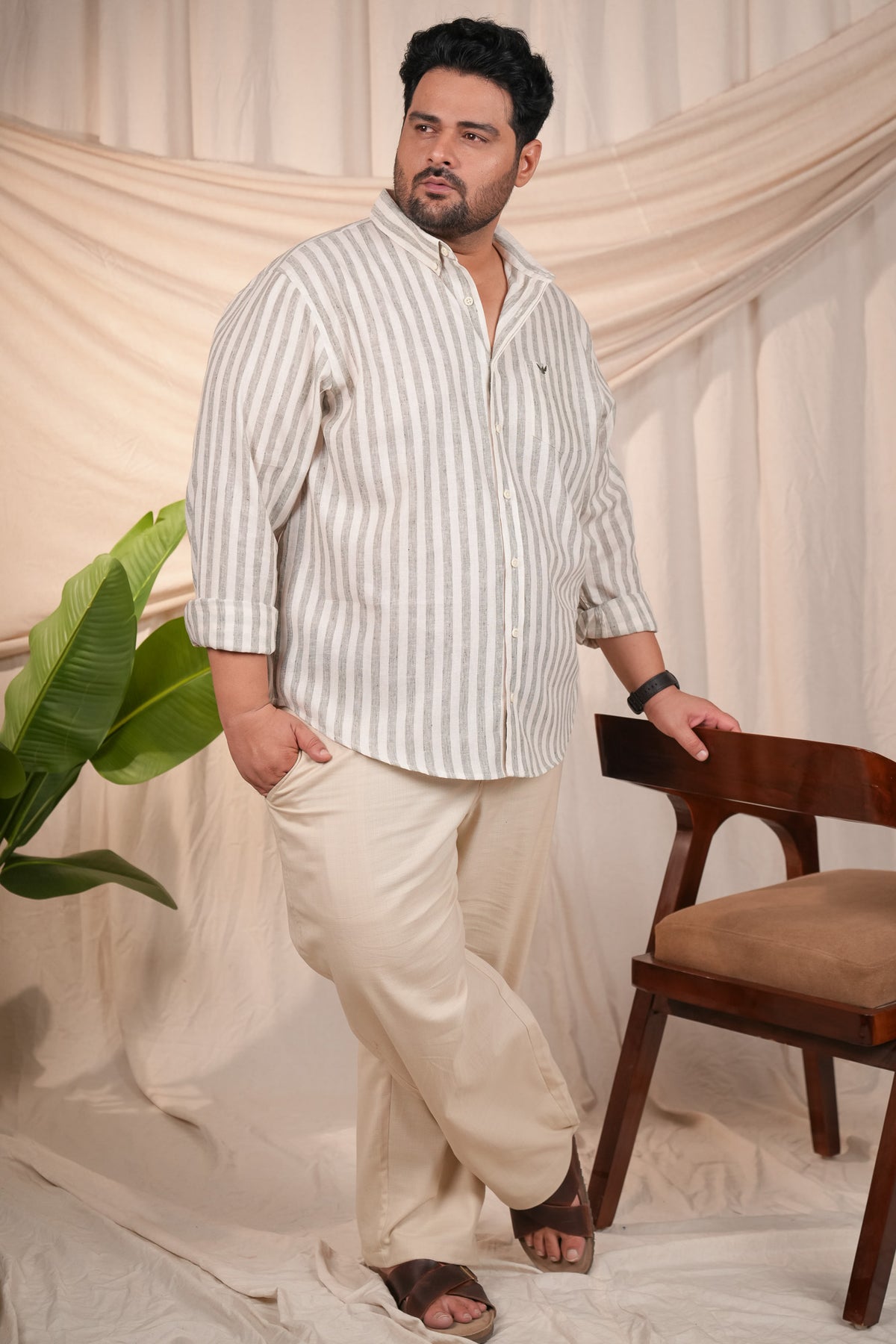 Sage Green Stripes Pre-Washed Regular Plus Size Linen Cotton Shirt