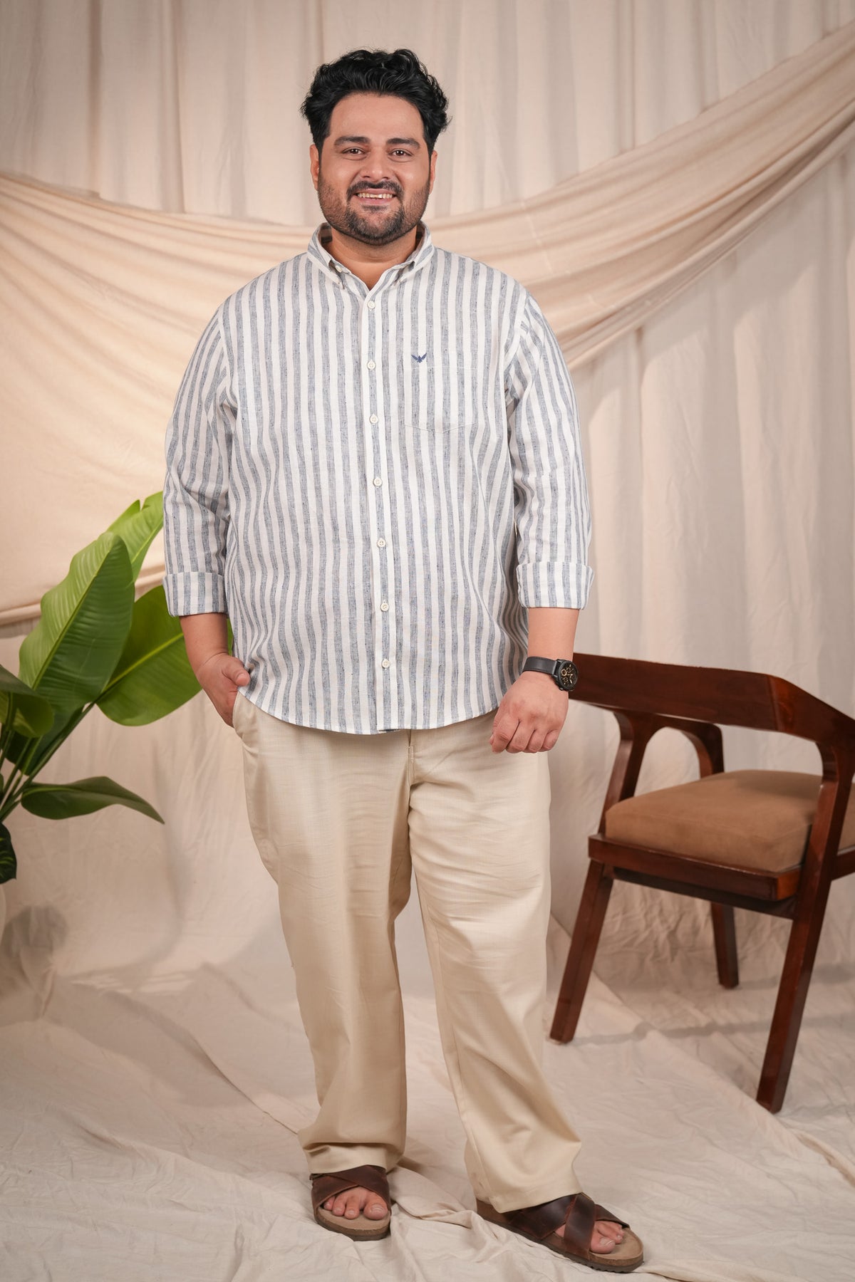 Ocean Blue Stripes Pre-Washed Linen Cotton Regular Plus Size Shirt