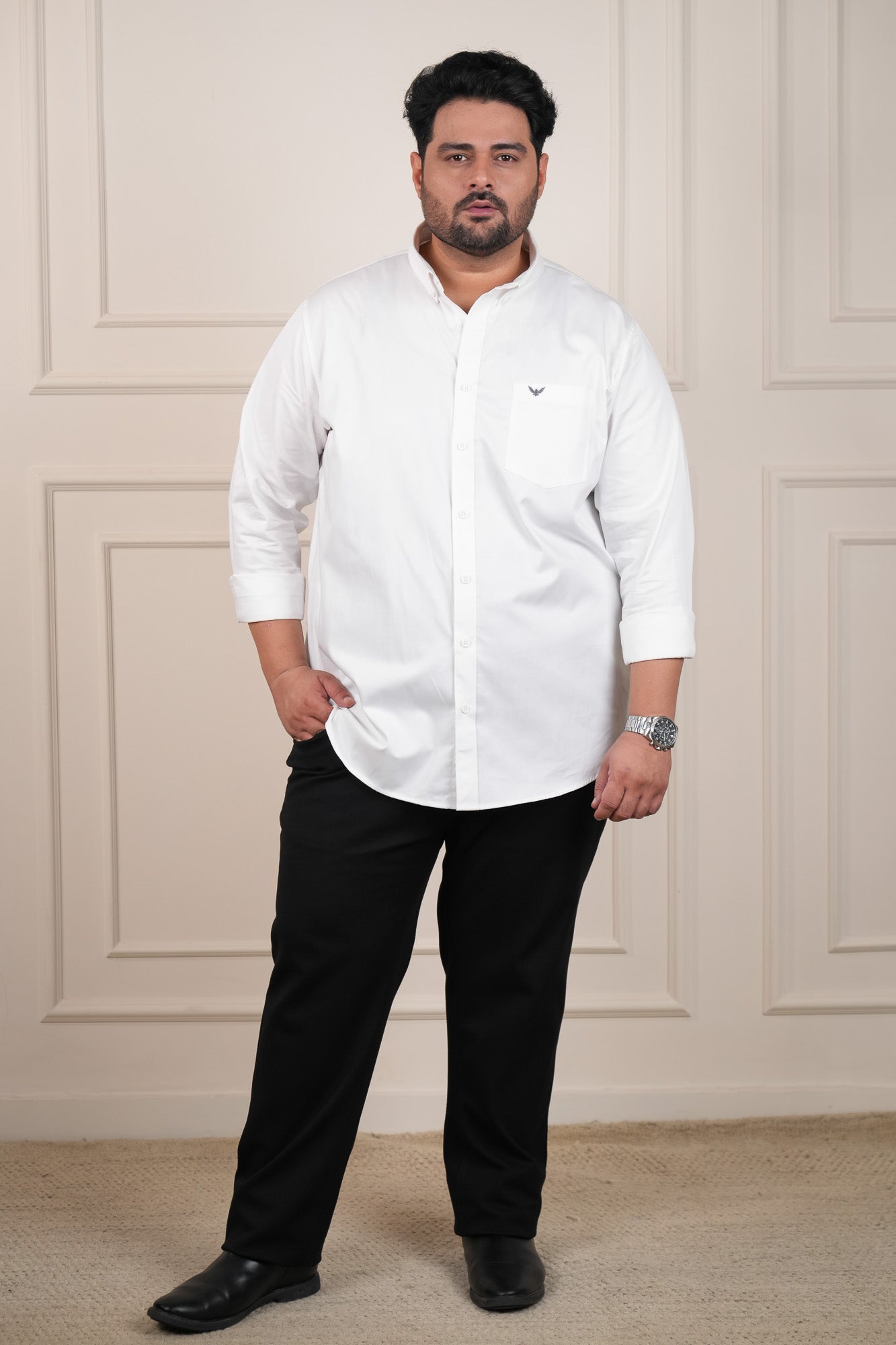White Solid Cotton Twill  Regular Fit Plus Size Shirt