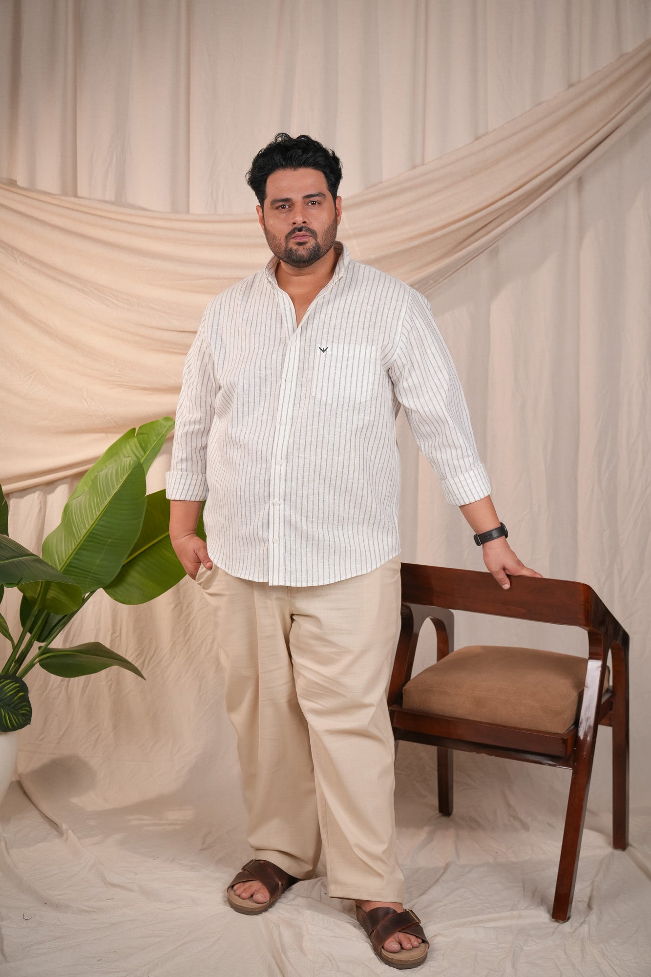 Green Striped Regular Plus Size Linen Shirt