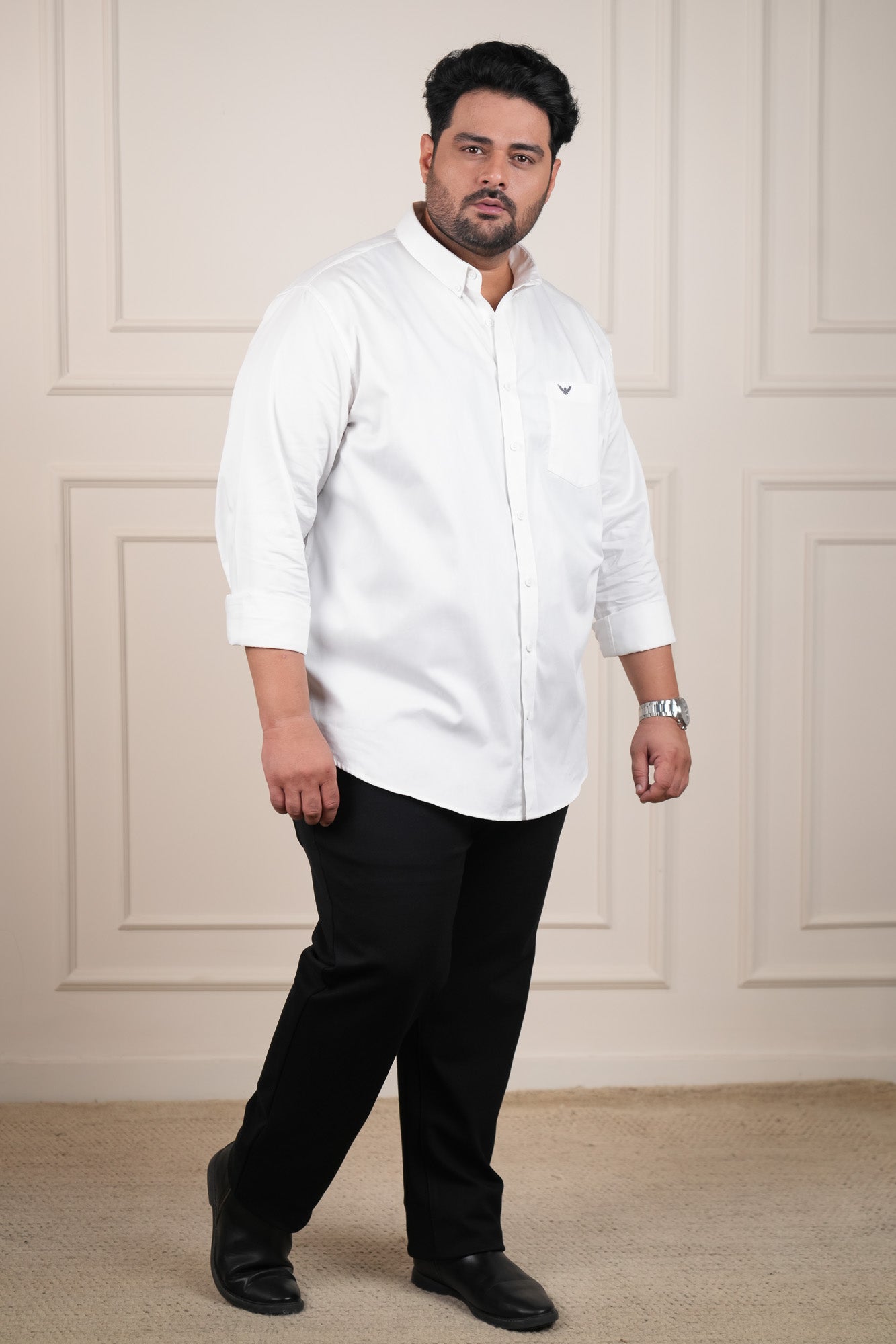 White Solid Cotton Twill  Regular Plus Size Shirt