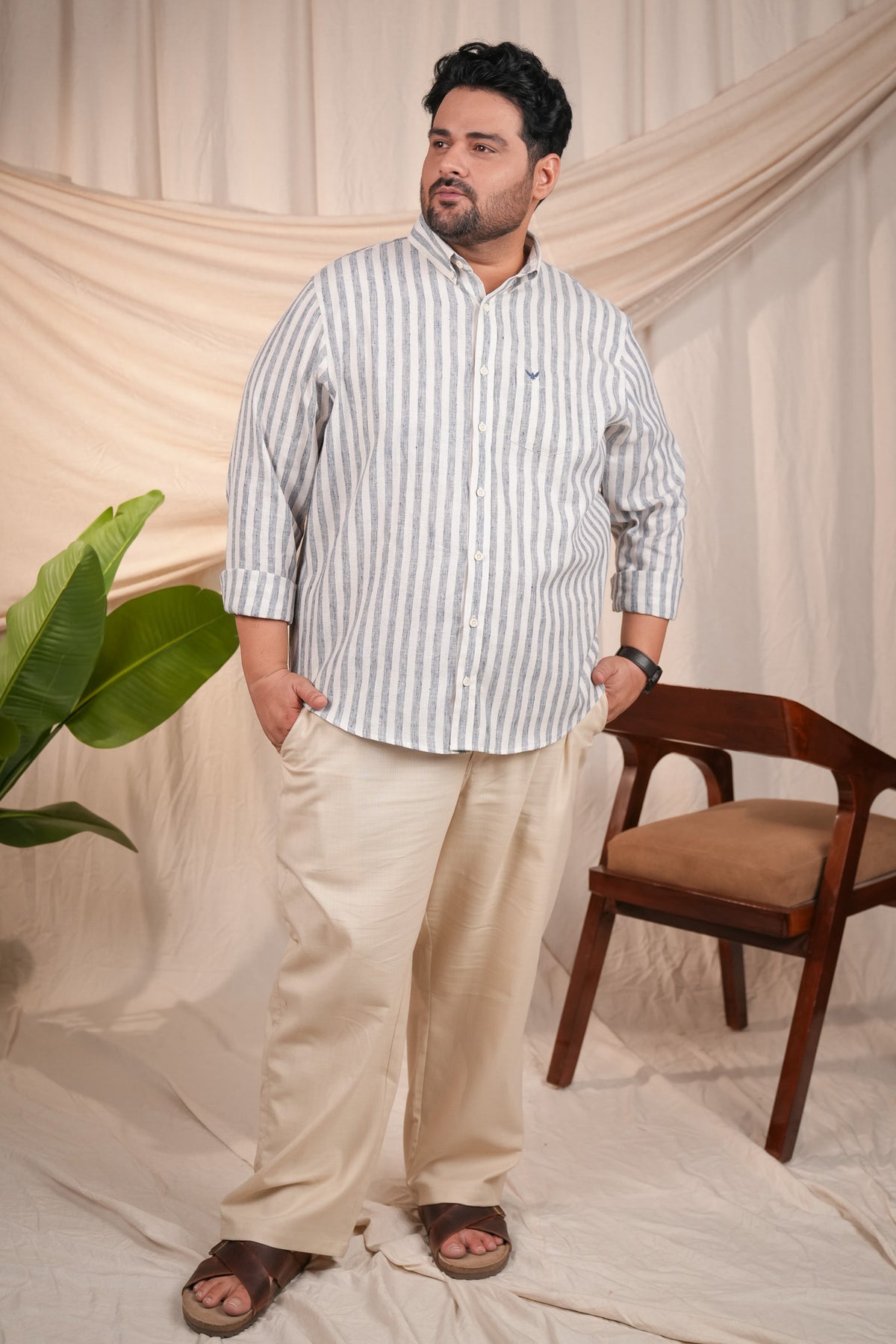 Ocean Blue Stripes Pre-Washed Linen Cotton Regular Plus Size Shirt