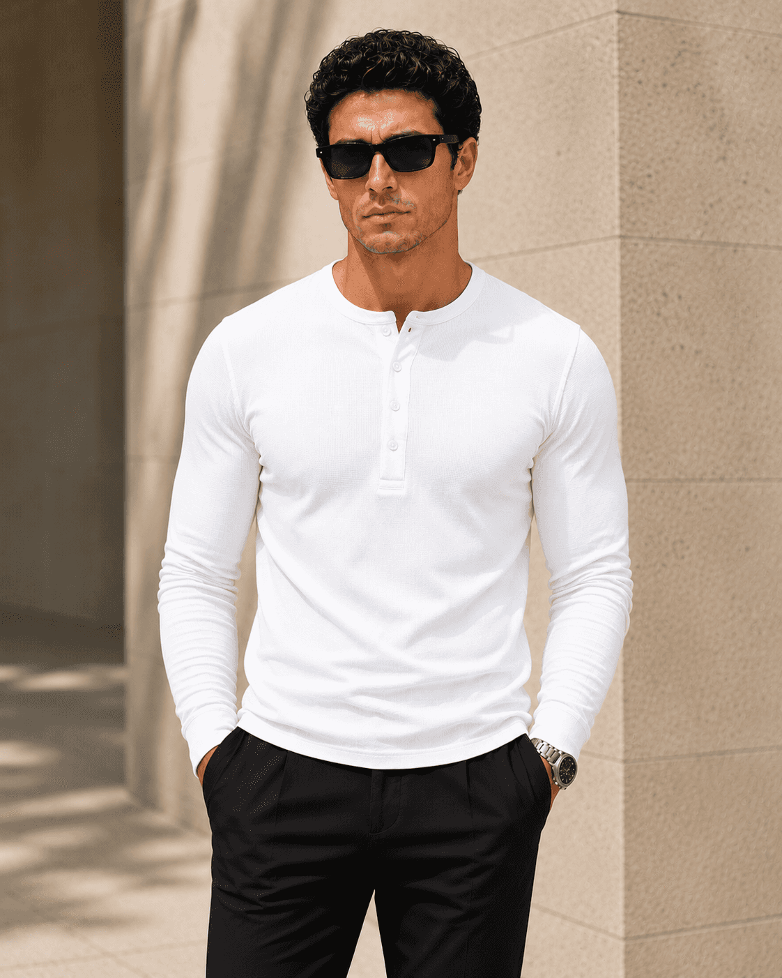 White Waffle Henley Full Sleeve T-Shirt