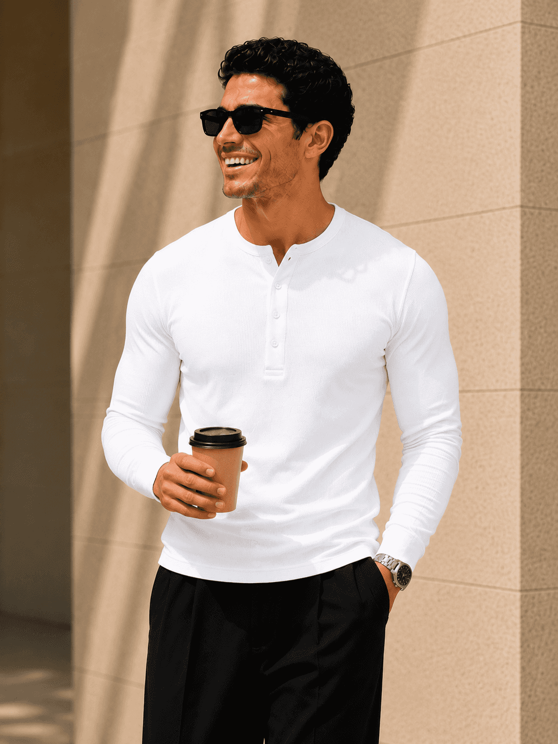 White Waffle Henley Full Sleeve T-Shirt