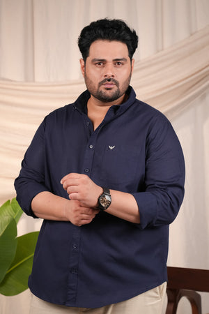 Navy Blue Pre-Washed Regular Plus Size Linen Blend Shirt