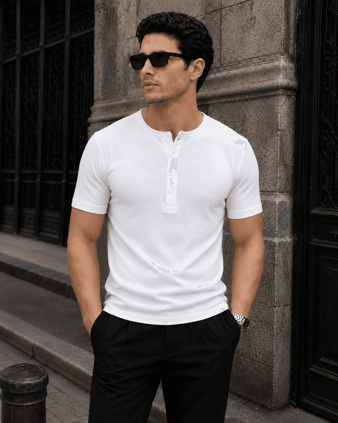 White Waffle Henley Half Sleeve T-Shirt