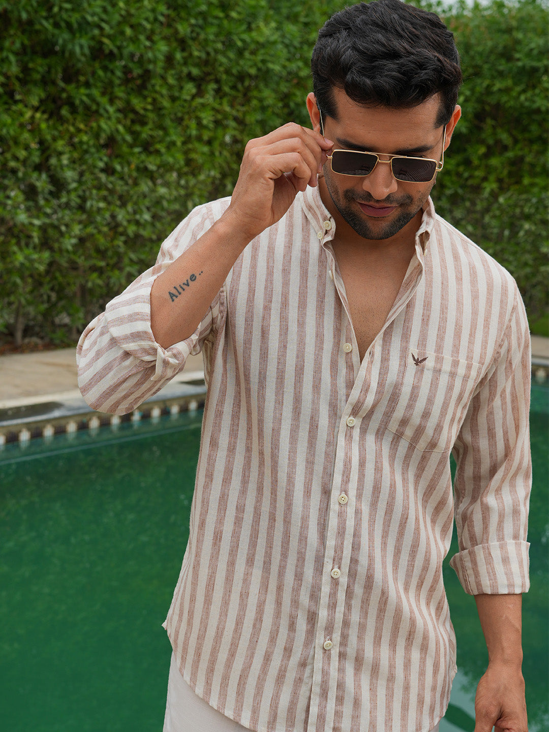 Rust Striped Slim Fit Pre-Washed Linen Cotton Shirt