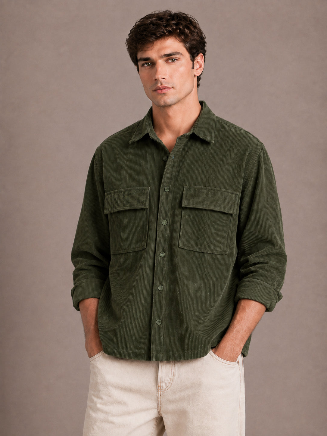 Green Utility Relaxed Fit Corduroy Shirt for Men