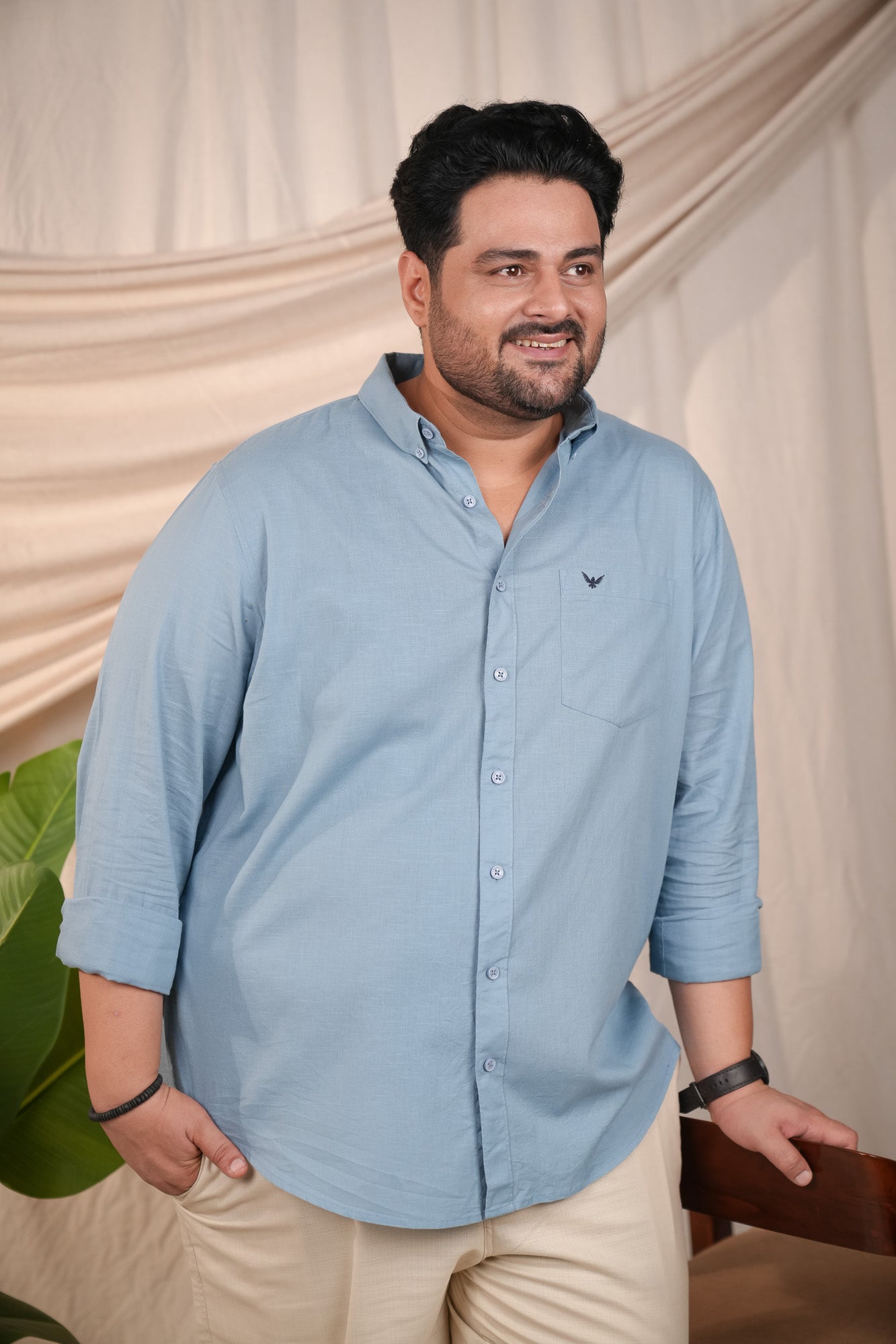 Aqua Blue Pre-Washed Regular Plus Size Linen Blend Shirt