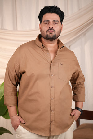 Brown Pre-Washed Linen Regular Plus Size Blend Shirt
