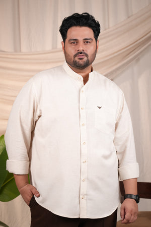 Beige Band Collar Linen Blend Regular Fit Plus Size Shirt