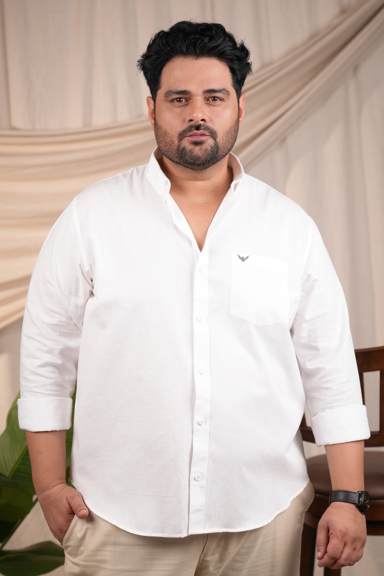 Crystal White Pre-Washed Linen Blend Button Down Regular Fit Plus Size Shirt