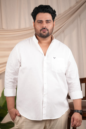 Crystal White Pre-Washed Linen Blend Button Down Regular Plus Size Shirt