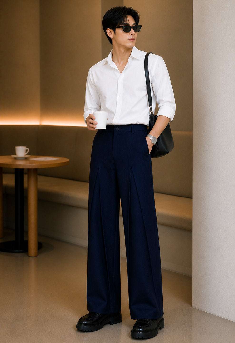 Navy Solid Loose Fit Mid-pleat Korean Pant