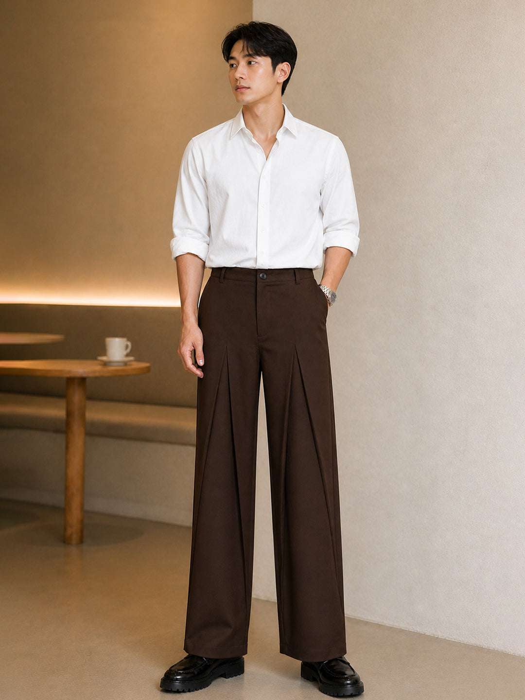 Brown Solid Loose Fit Mid-pleat Korean Pant