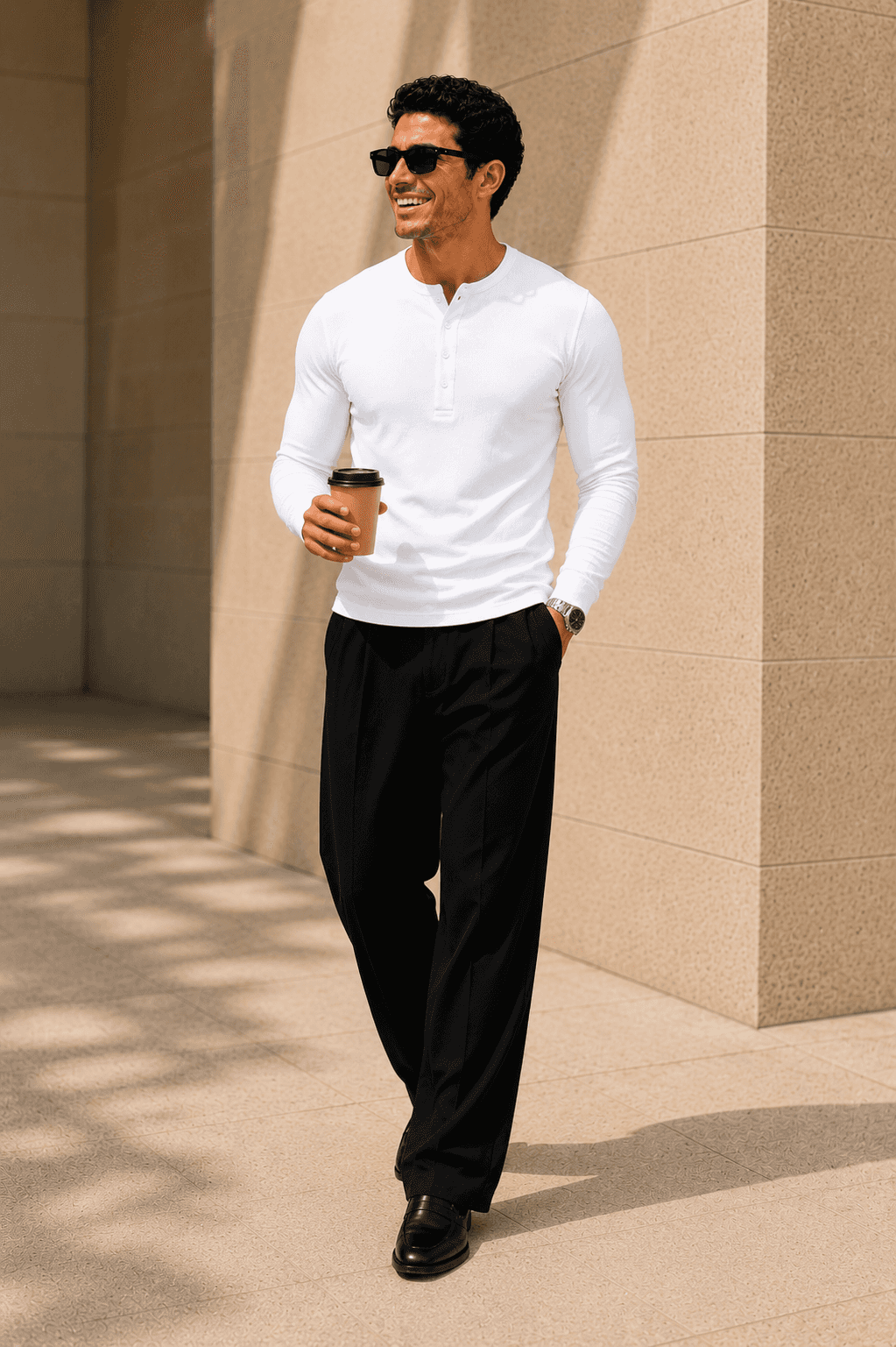 White Waffle Henley Full Sleeve T-Shirt