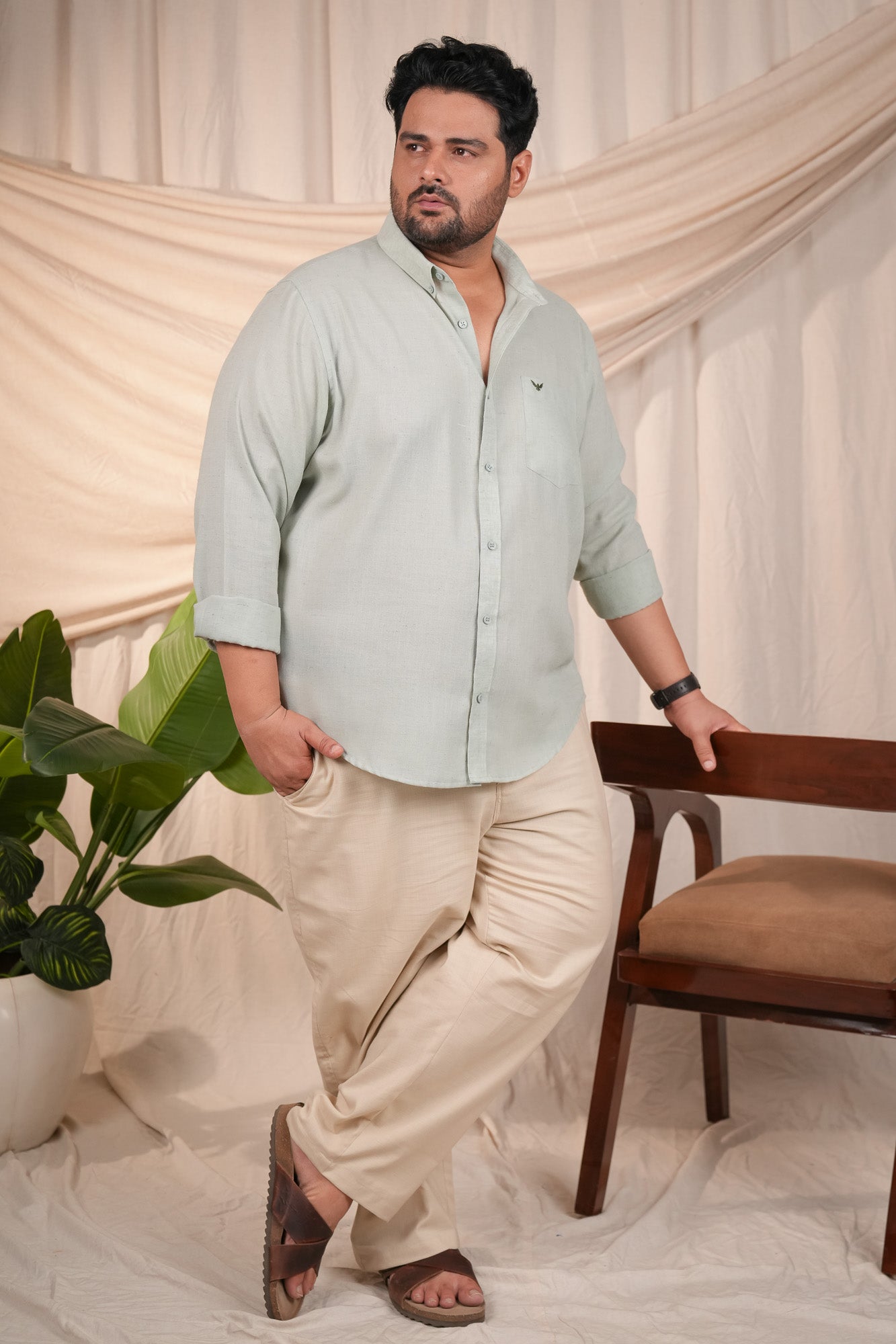 Pastel Green Solid Slim Fit Pre-Washed Linen Regular Fit Plus Size Shirt