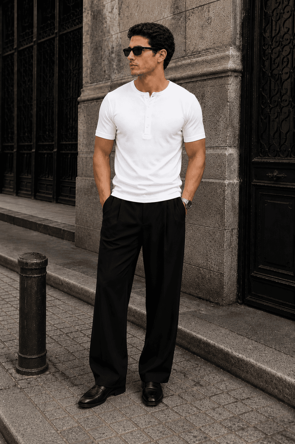 White Waffle Henley Half Sleeve T-Shirt