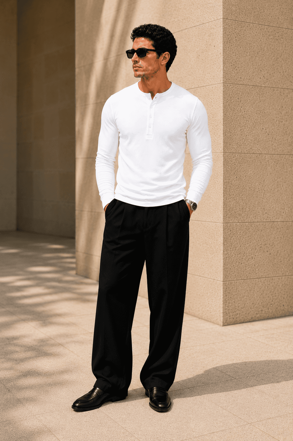 White Waffle Henley Full Sleeve T-Shirt