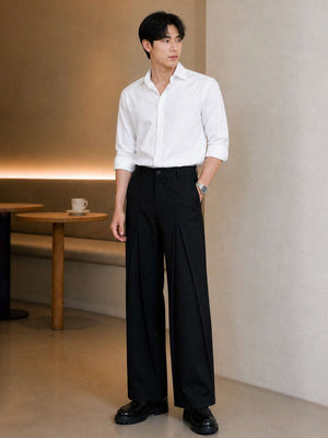 Black Solid Loose Fit Mid-pleat Korean Pant