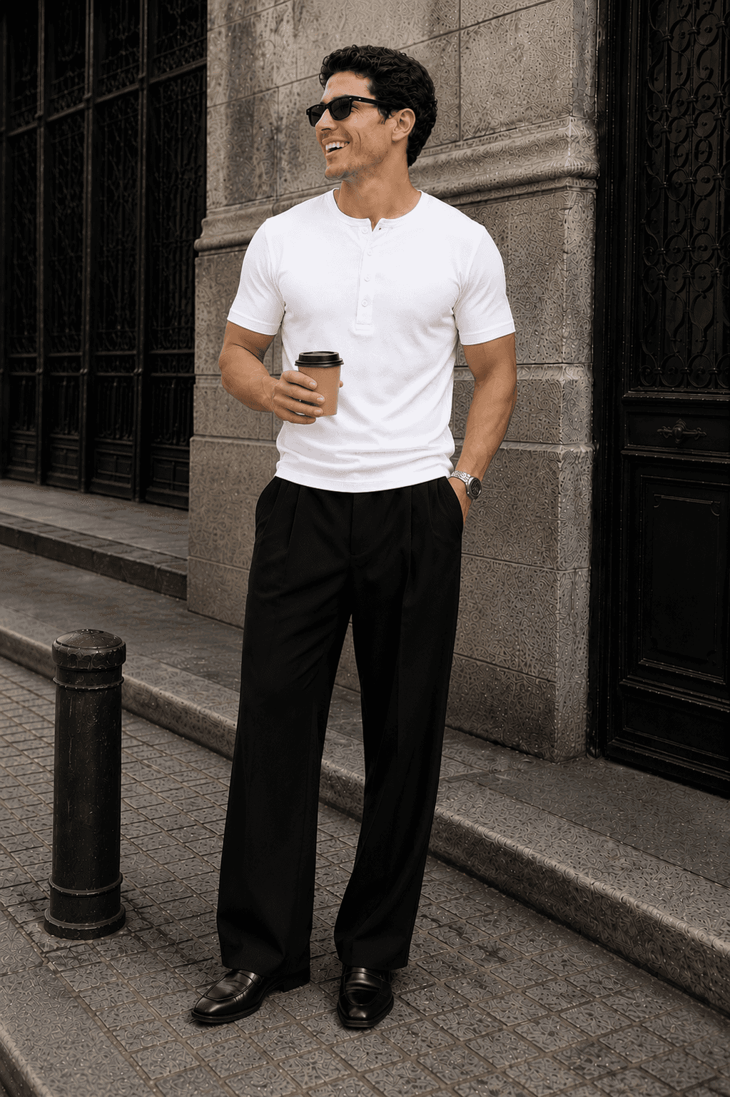 White Waffle Henley Half Sleeve T-Shirt