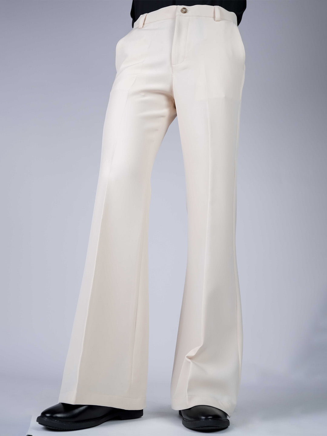 Cream Solid Boot Cut Fit Pants