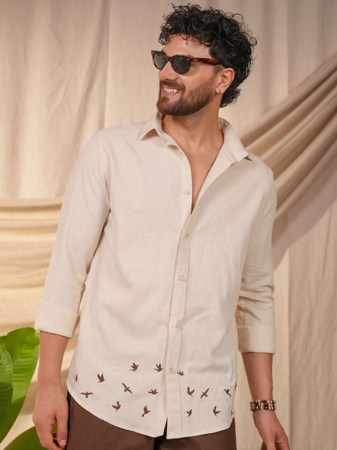 Beige Natural Grains Birds Flock Embroidery Linen Cotton Shirt