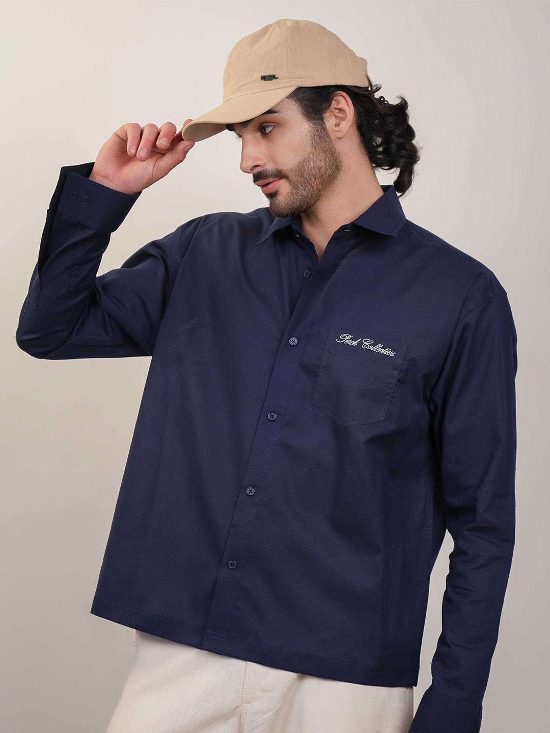 Navy Blue Solid Linen Cotton Boxy Fit Shirt
