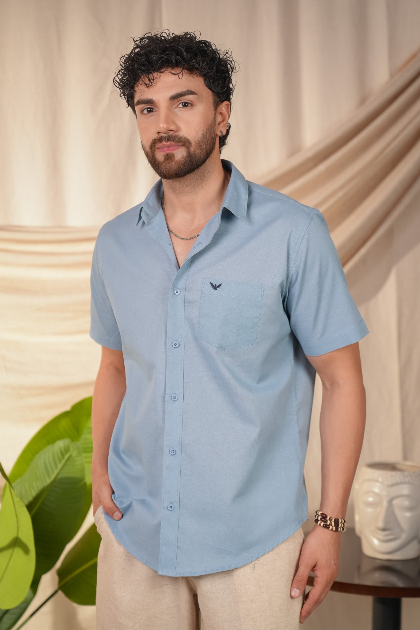Aqua Blue Solid Pre-Washed Linen Cotton Slim Fit Shirt