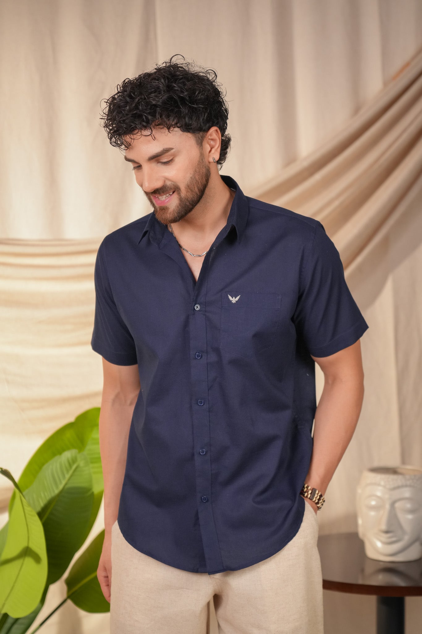 Navy Blue Solid Linen Cotton Slim Fit Shirt