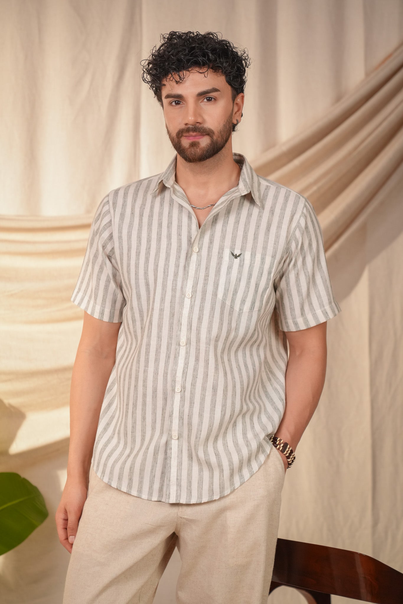 Sage Green Striped Pre-Washed Linen Cotton Slim Fit Shirt
