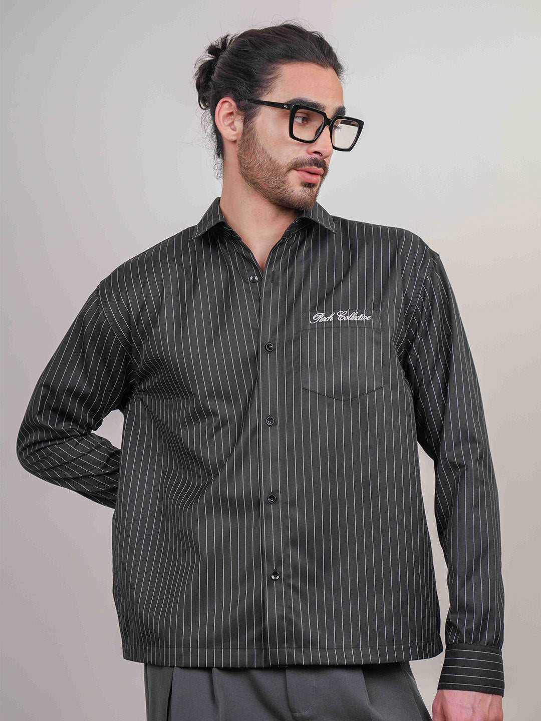Black Striped Cotton Boxy Fit Shirt