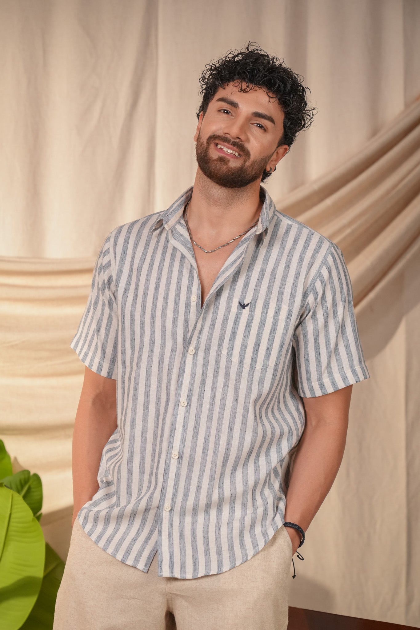 Ocean Blue Striped Pre-Washed Linen Cotton Slim Fit Shirt