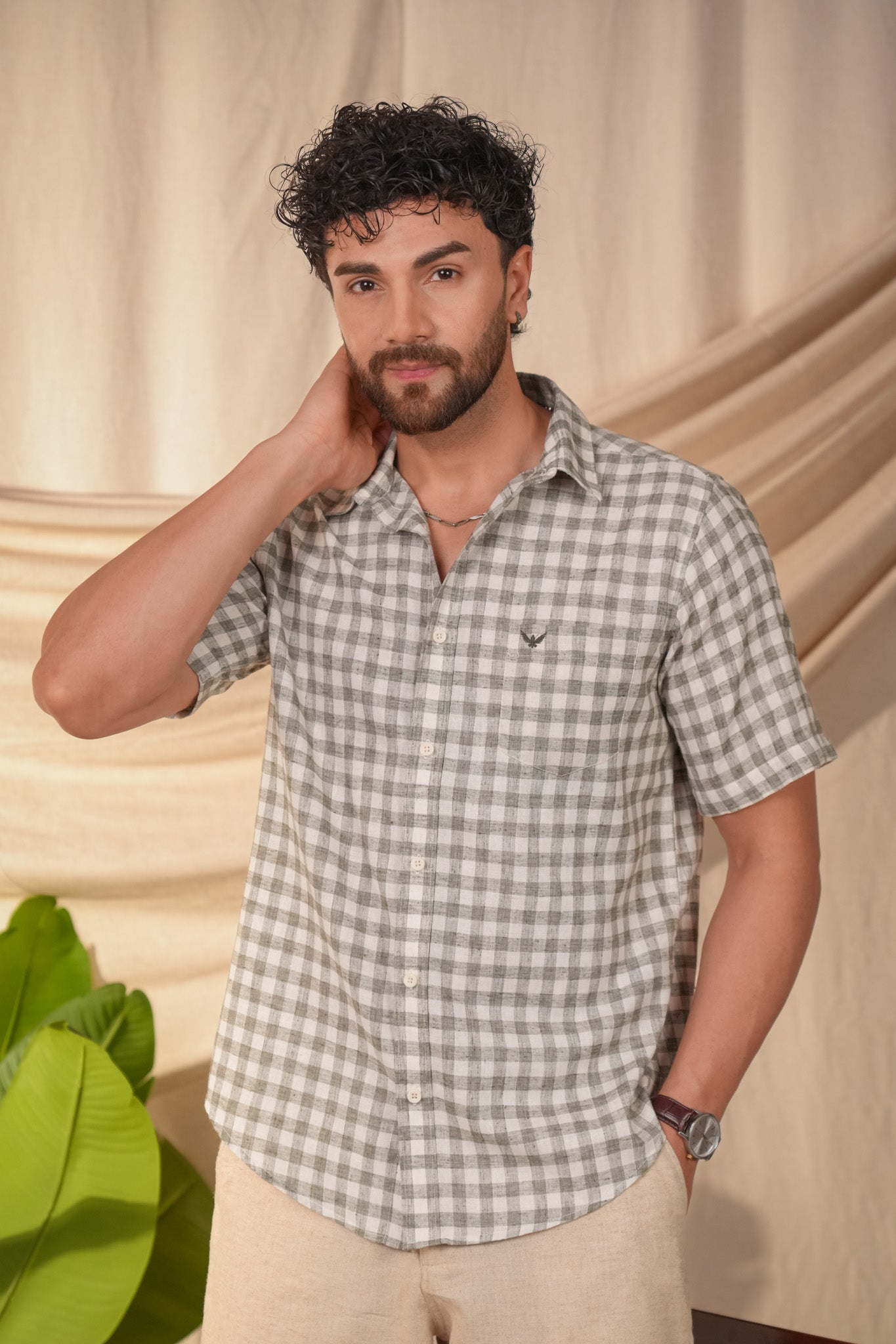Meadow Green Checked Linen Cotton Slim Fit Shirt