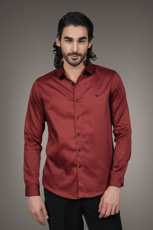 Intense Red Solid Cotton Satin Slim Fit Shirt