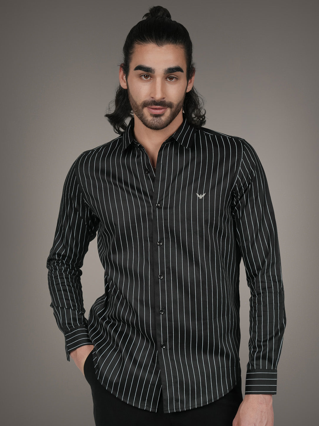Black Cotton Satin Slim Fit Striped Casual Shirt for Men