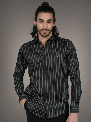 Black Cotton Satin Slim Fit Striped Casual Shirt for Men