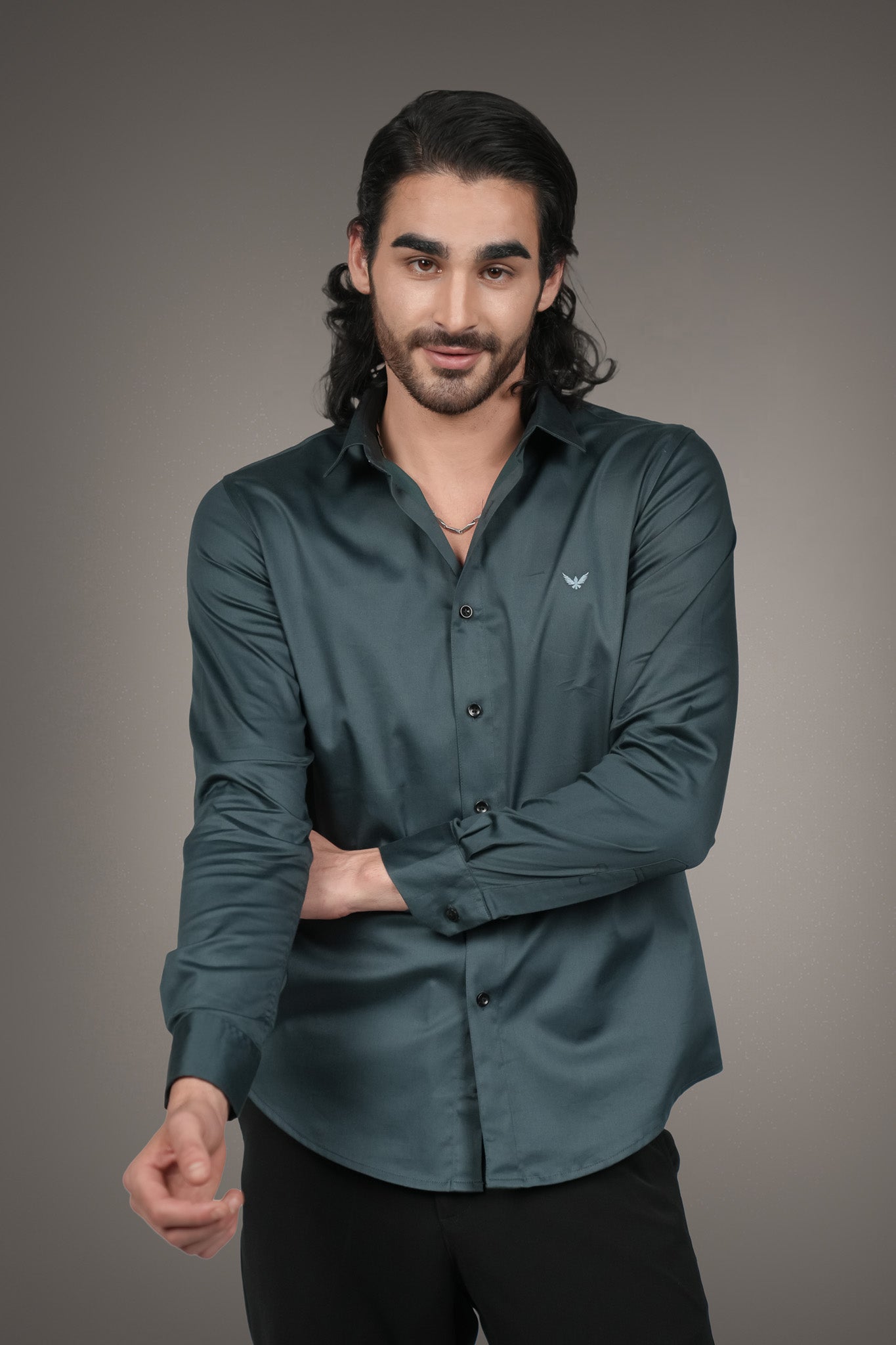 Teal Solid Cotton Satin Slim Fit Shirt