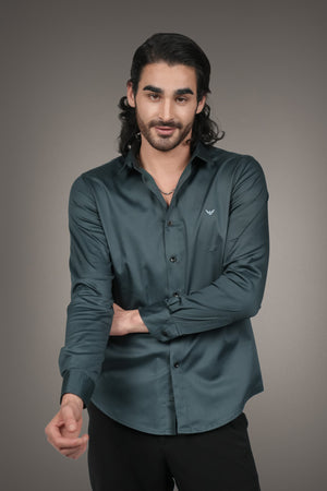 Teal Solid Cotton Satin Slim Fit Shirt