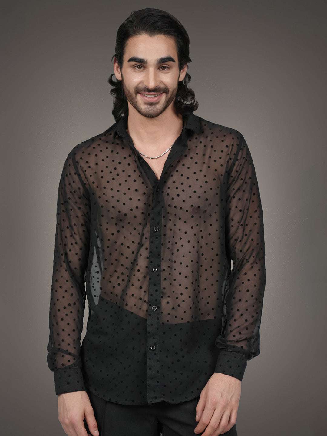Black Textured Georgette Dobby Slim Fit Transparent Shirt