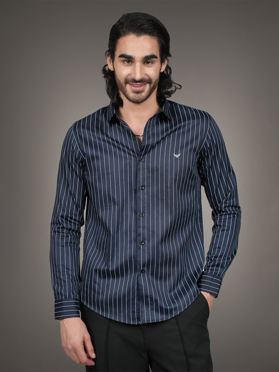 Navy Cotton Satin Slim Fit Striped Casual Shirt for Men